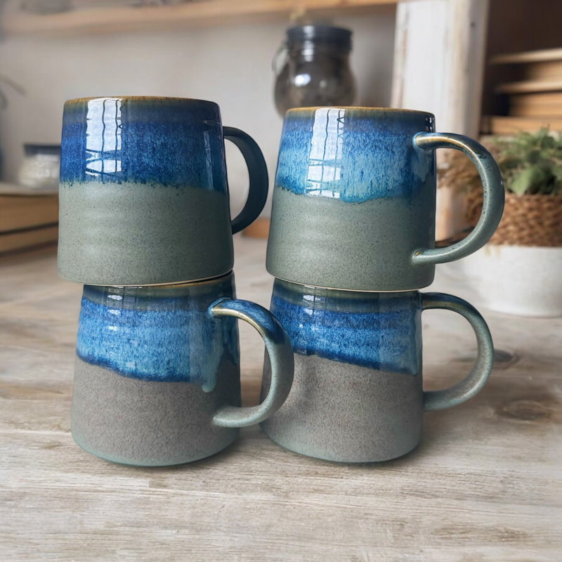 Stoneware Coffee Mug With Blue Reactive Glaze Gijsbert Gift Set of 4, Creme Brulee