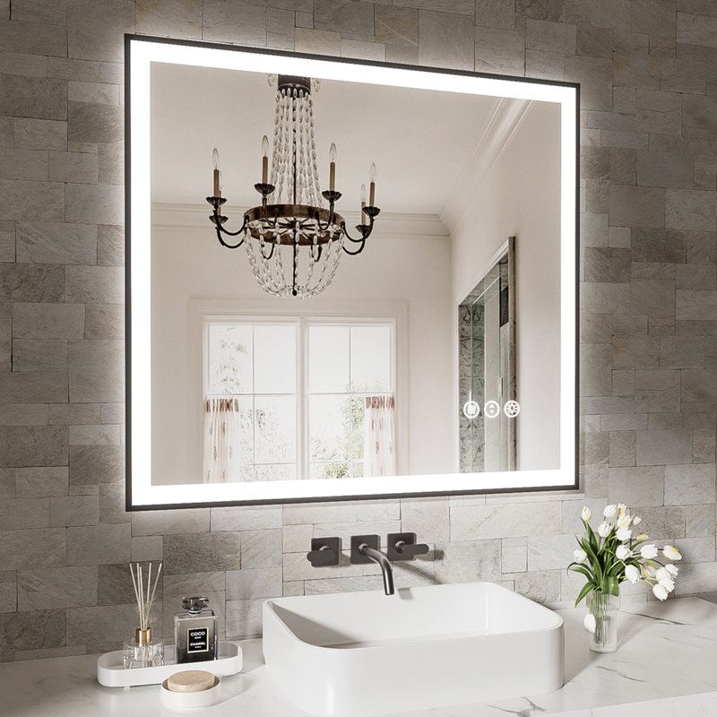 Miroir de salle de bain intelligent 40 x 32 pouces avec luminosité et température de couleur réglables, bouton de brouillard intégré, compatibilité avec interrupteur mural, éclairage pour utilisation durable en verre trempé de 5 mm,