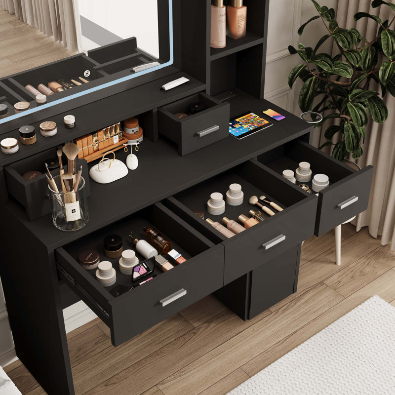 Coiffeuse avec miroir lumineux à 3 couleurs DEL et prise de courant, coiffeuse avec tiroirs, boîte de rangement et tablette, coiffeuse avec tabouret de chambre