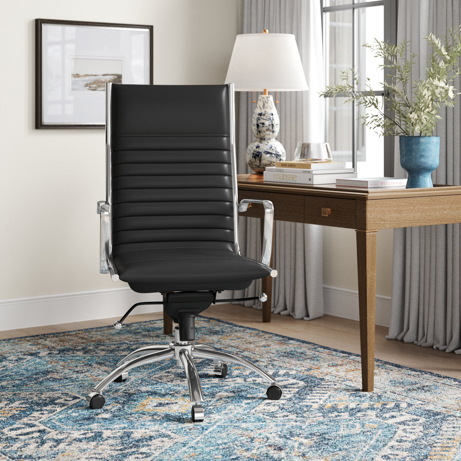 Naida Swivel Office Chair, Chrome, Black Faux Leather