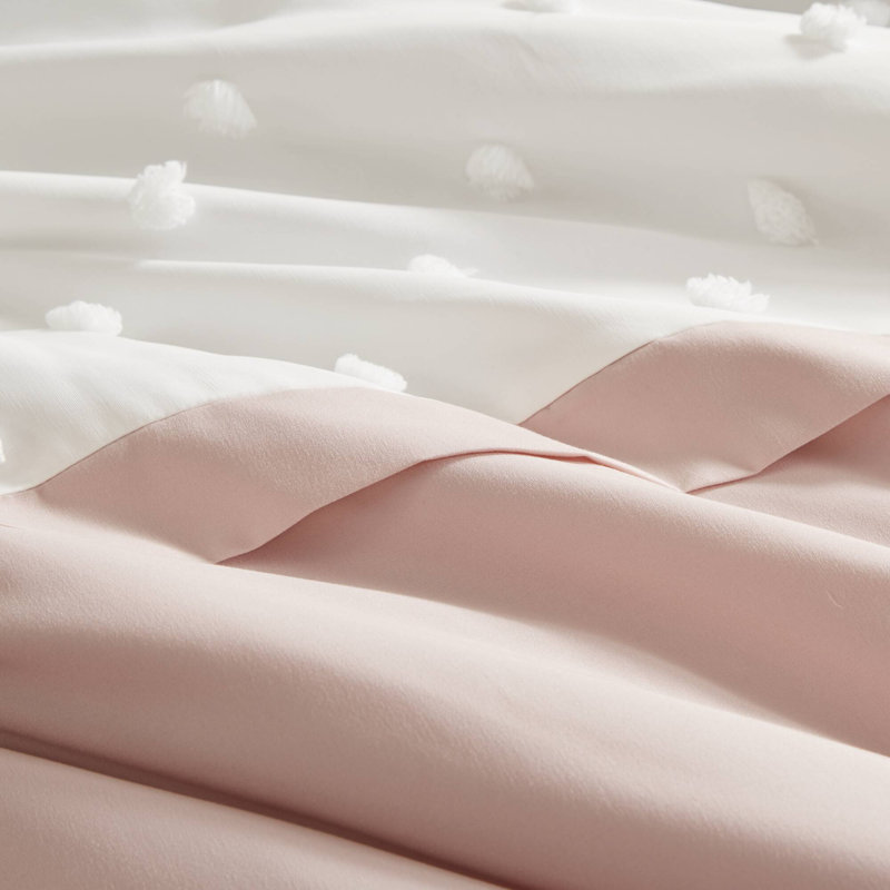 Pink and White Twin Microfiber Comforter Set with Jacquard Pompoms