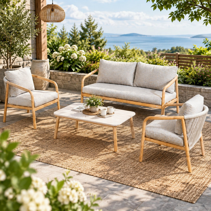 Ensemble de conversation de patio 4 pièces en aluminium avec coussins et table basse en pierre frittée