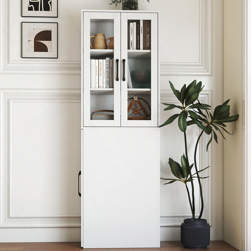 Armoire de rangement H 70,87 po, étagère de rangement coulissante multi-fonctions à 4 niveaux et 2 portes en verre, Blanc