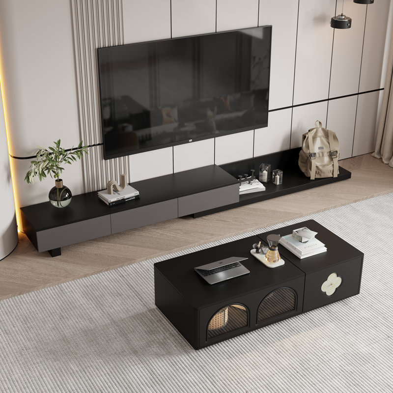 Meuble télé extensible pour téléviseur de 85 po ou moins, ensemble d'armoire de salon comprenant un meuble télé et une table basse relevable avec tiroir de rangement et armoire