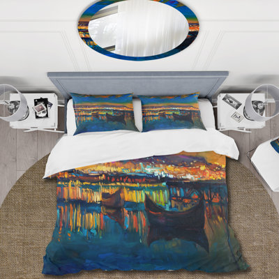 Deux petits bateaux dans le village - ensemble de housse de couette nautique et côtier - polyester microfibre