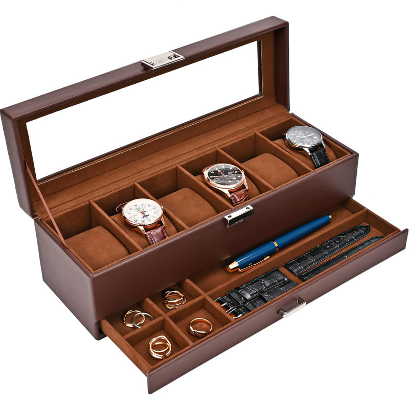 Boîte à montre, présentoir à montre à 6 fentes avec tiroir, boîte à montre pour homme avec couvercle en verre, rangement pour bijoux et porte-montre à 2 couches