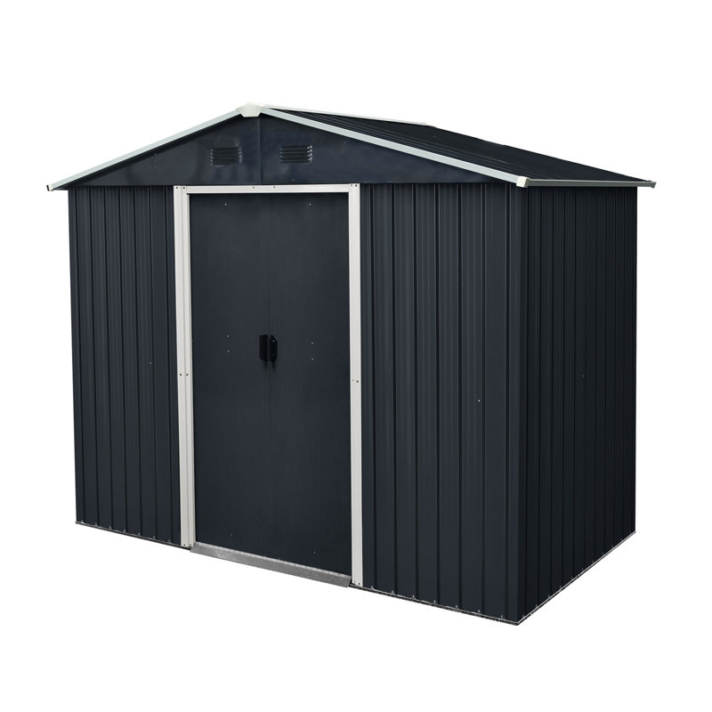 Heavy-duty Metal Shed - For Lawn And Garden Use Storage With Lockable Door, 73.74" H x 95.38" W x 52" D, Black White