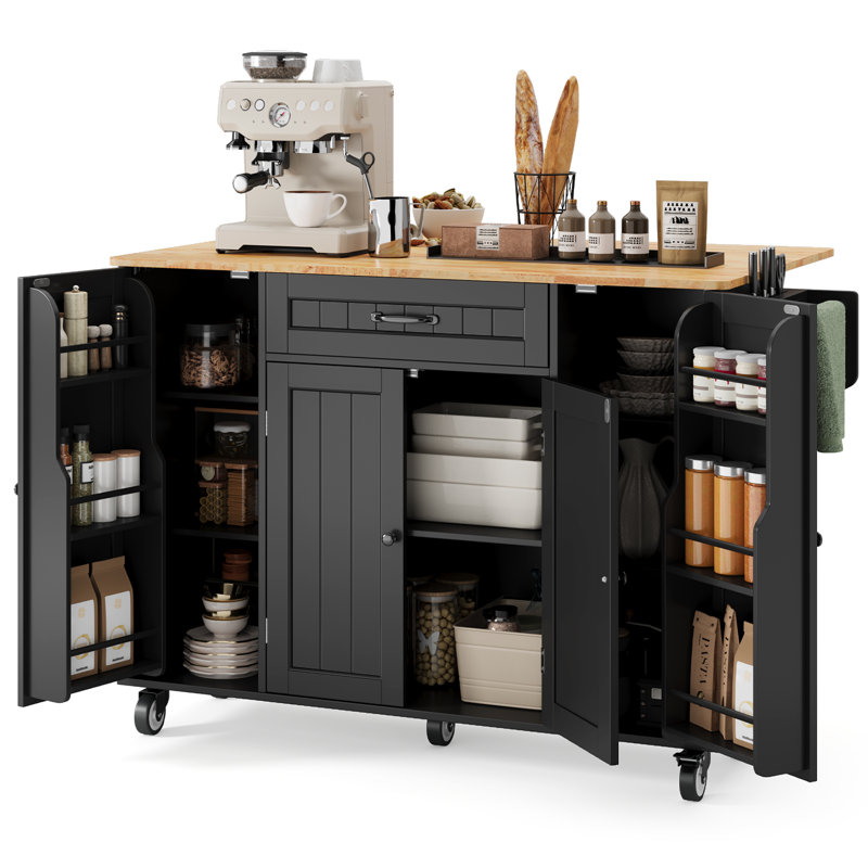 Chariot pour îlot de cuisine 47,6 po avec rallonge, porte d'armoire de style réfrigérateur, 1 tiroir, porte-couteaux, porte-serviettes, porte-gobelet, porte-épices et roulettes verrouillables