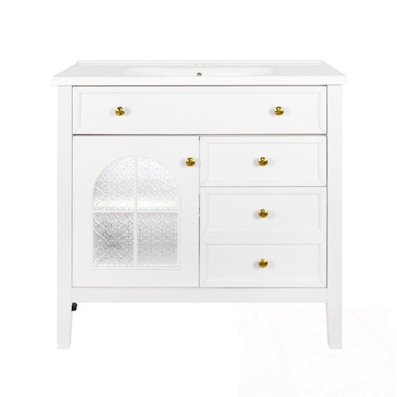 Meuble-lavabo avec lavabo, bande lumineuse et 2 tiroirs, Blanc