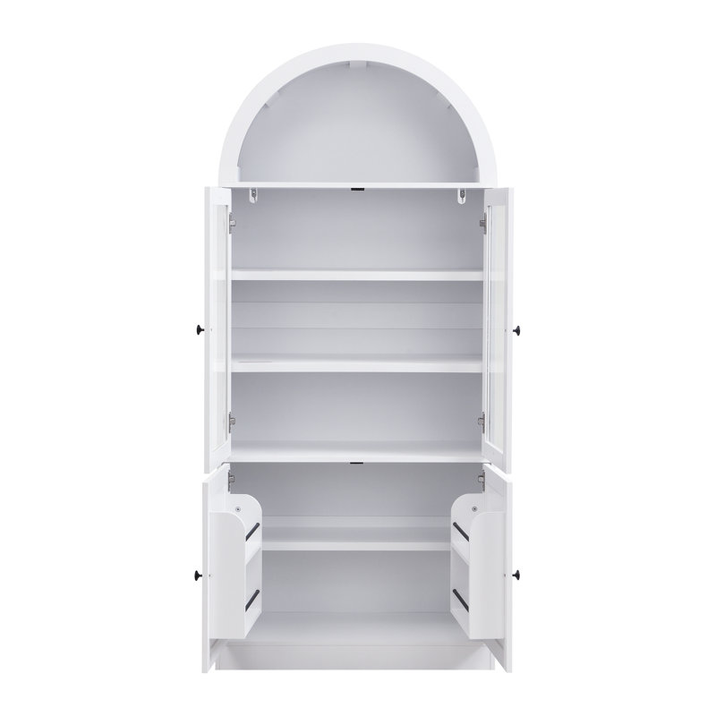 [Vidéo] Armoire de rangement haute arquée avec portes en verre trempé, tablettes à 5 niveaux, charnières à fermeture en douceur, organisateur de porte, présentoir autoportant et armoire de rangement pour salle de bain / salon / salle à manger / bureau, blanc