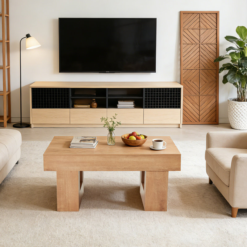 39-Inch Farmhouse Coffee Table – Rectangular Wood Center Table with Thick Top and U-Shaped Base, Mid-Century Modern Design, Easy Assembly