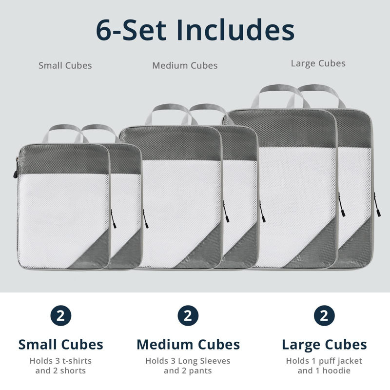 6 Set Compression Packing Cubes, Packing Cubes For Travel Compression, Compressible Packing Cubes Travel Essentials, Packing Organizers, Grey
