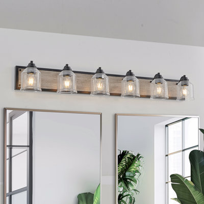49" Farmhouse Style Vanity Light Fixture Fixture, 6-Light Configuration For Bathroom Use Wall Sconce With Clear Seeded Glass Material Shades