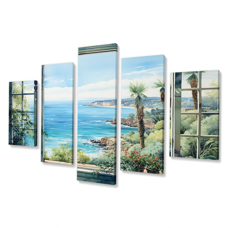  «Seaside Tropical View II - Coastal Windows Multipanel Wall Art, ensemble