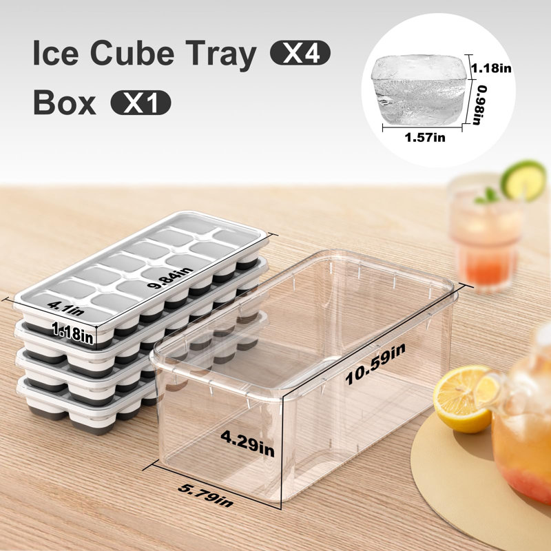 Ice Cube Tray, 4 Pack Stackable Silicone Rectangular 14-Ice Cube Tray Set With Lid & Bin, BPA-Free Sturdy Reusable Freezer Ice Trays For Drinks, Cocktails & Coffee - Easy Release(Black)