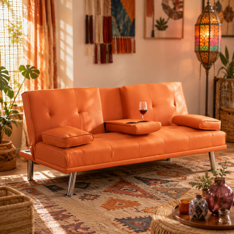 Multifunctional Orange Leather Office Sofa Bed With Double Fold And Coffee Table, Space-Saving Design