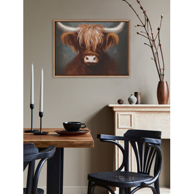 Highland Cow Portrait Painting on Neutral Linen by The Creative Bunch Studio Framed Canvas Wall Art Print