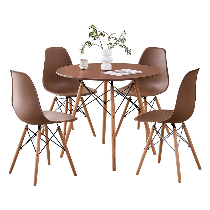 Ensemble de table de salle à manger 5 pièces pour 4, table de cuisine 35,5 po avec pieds, pieds en bois massif, sièges en plastique, brun