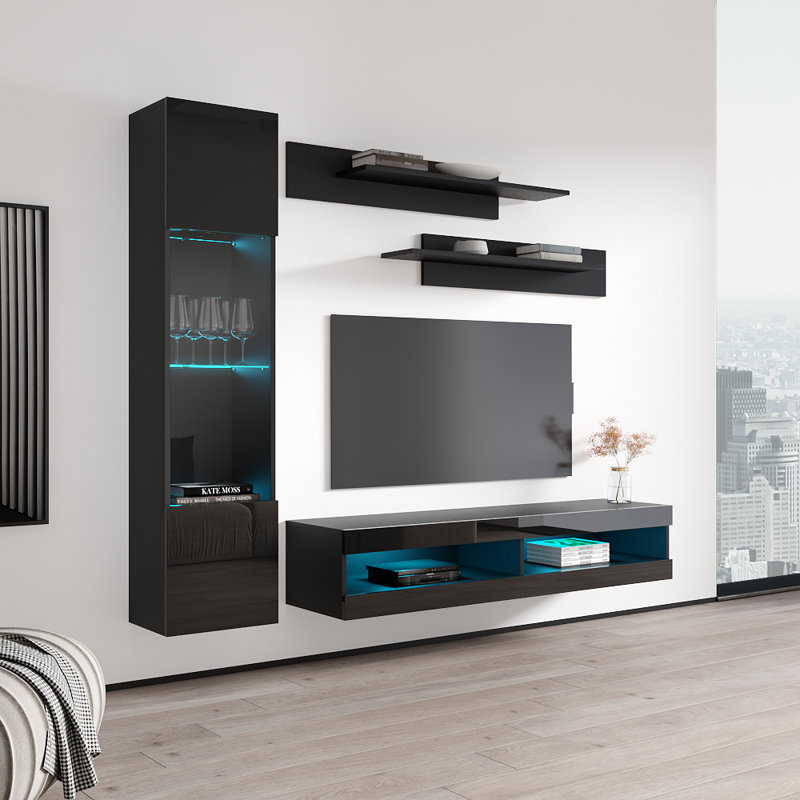Liddell 85" Modern Floating Wall Mounted Entertainment Center with 16-Color LED Lighting, High Gloss Finish, Black