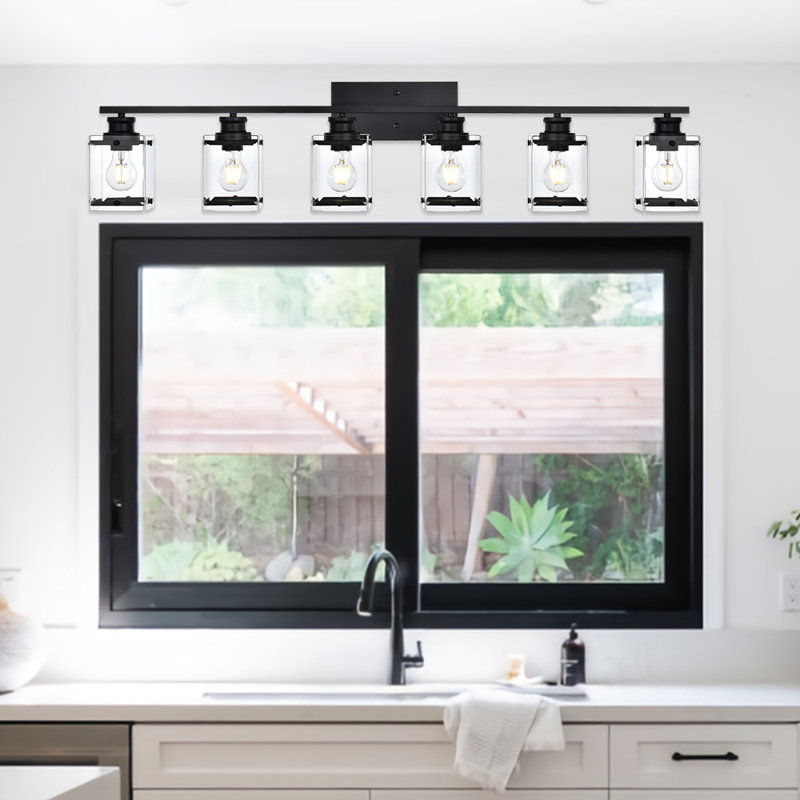 Éclairage pour salle de bain 6 lumières, luminaires de salle de bain noir moderne avec base abat-jour E26 transparent, fixation vers le haut ou vers le bas, appliques murales homologuées ETL