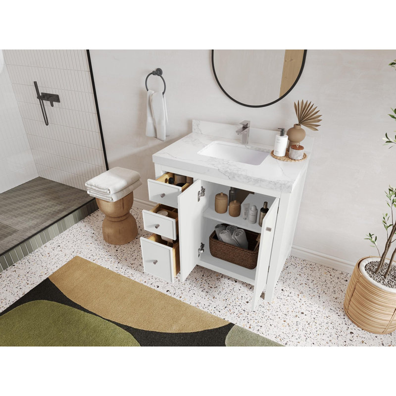 Meuble-lavabo simple 36 po avec plateau Chicago, Sienne Calacatta