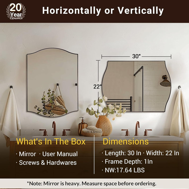 Dual Arch Scalloped Rectangular Bathroom Wall Mirror | Stainless Steel Frame, Brushed Bronze, 30" x 22"