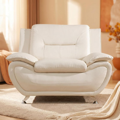 Modern Faux Leather Armchair – Single Seater Sofa With Chrome Legs & Padded Armrests – Contemporary Accent Chair For Living Room, Bedroom, Home Office & Reception Area (White)
