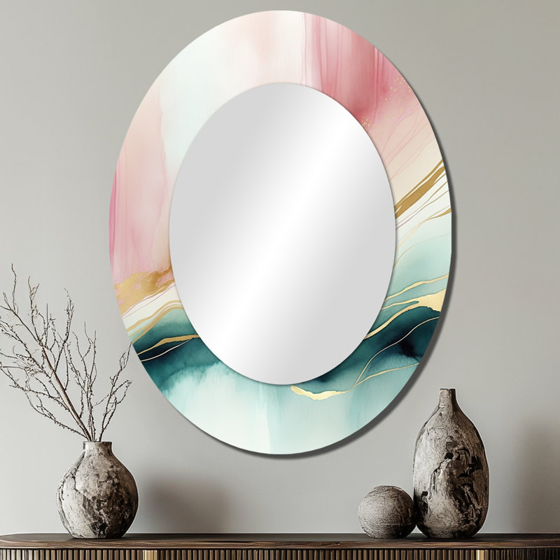 Géode abstraite en marbre rose et vert II - miroir décoratif ovale abstrait sur métal, 40 po x 30 po
