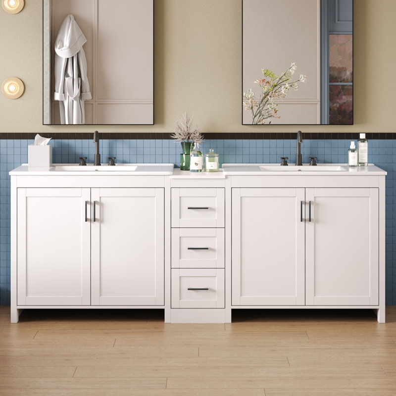 Meuble-lavabo double en céramique avec comptoir en quartz