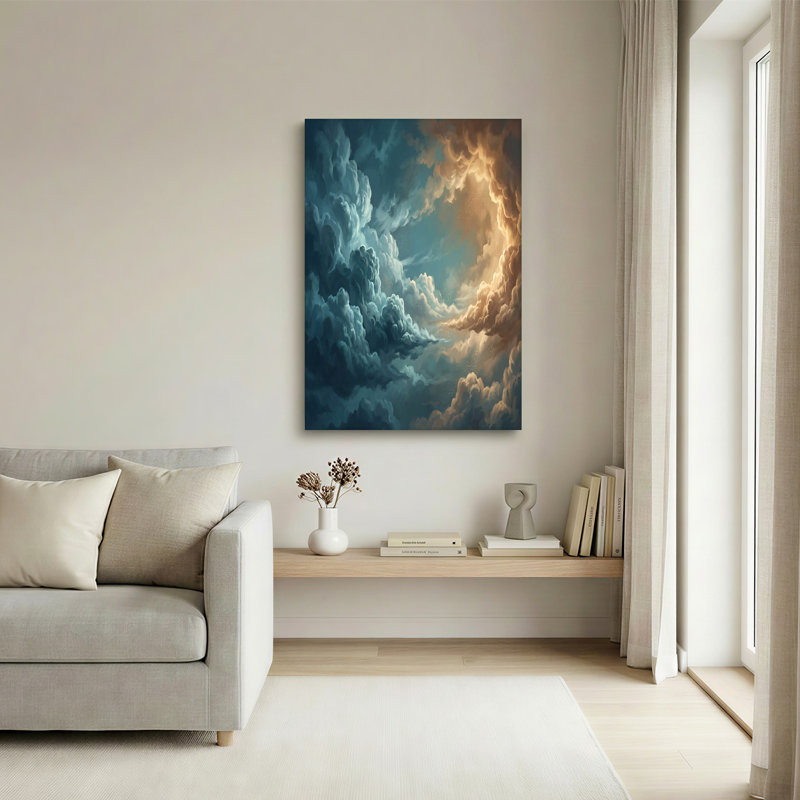 Art sur toile bleu foncé et soleil, H 20 po x l 30 po