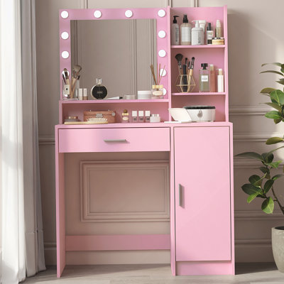 Bureau de coiffeuse avec miroir et lumière, commode de rangement à trois niveaux avec grand tiroir, 3 modes d'éclairage à luminosité réglable, coiffeuse de chambre à coucher