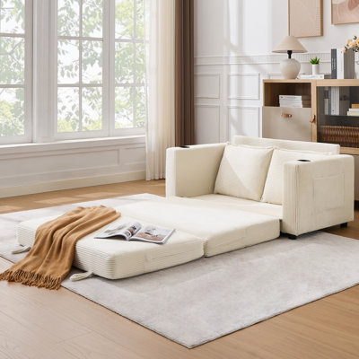 44.5" Modern Corduroy Upholstered Convertible Sofa Bed with Cup Holders & Side Pockets for Living Room