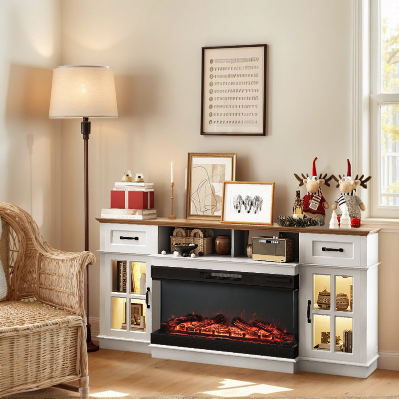 Farmhouse 70'' TV Stand For Tvs Up To 80'' With Electric Fireplace And Adjustable Shelves, White