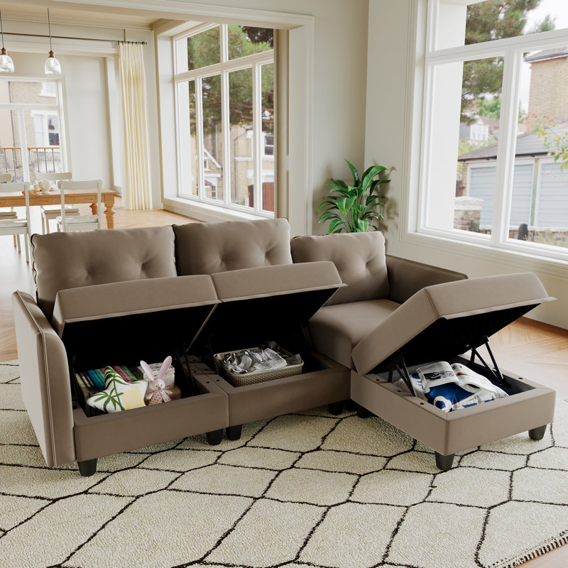 Canapé modulaire en L rembourré 4 pièces Tomario avec rangement Tomario, Polyester brun
