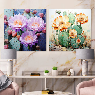 Cactus corail, impression romantique - ensemble de 2 collages floraux carrés