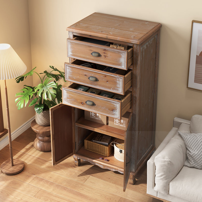Armoire de rangement en bois avec porte et 3 tiroirs, Rustique naturel