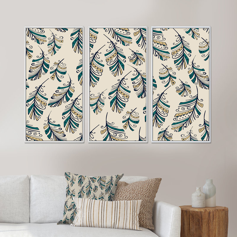 Green Boho Feathers - 3 pièces, reproduction sur toile, H 28 po x l 36 po x P 1 po, Cadre blanc