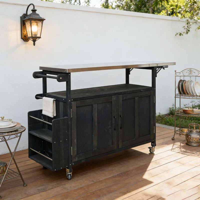 Îlot de cuisine pliable pour l'extérieur avec chariot verrouillable, Noir