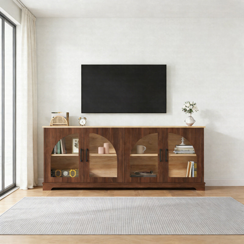 Meuble télé Farmhouse avec portes en verre semi-arquées pour téléviseur de 70 po ou moins, console multimédia à deux tons avec tablettes réglables et gestion des câbles