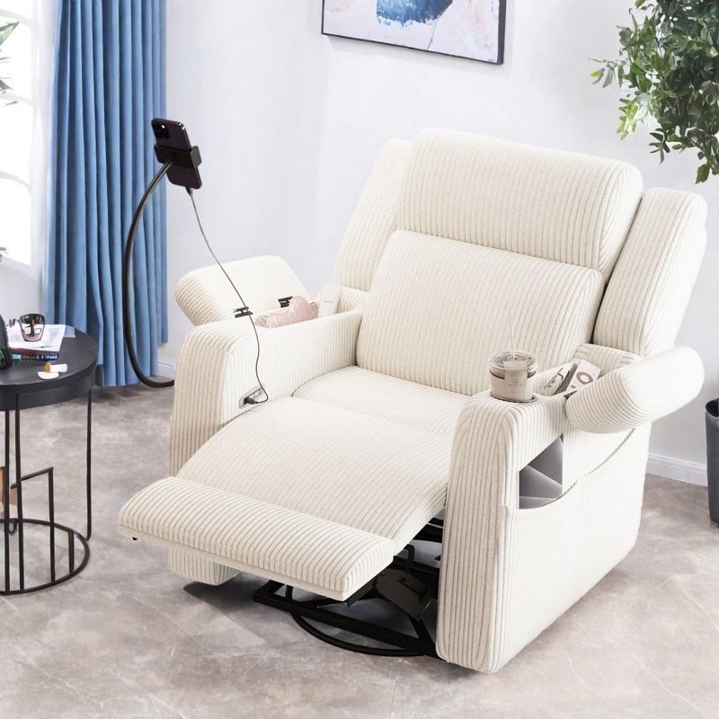 Fauteuil inclinable électrique avec rangement, fauteuil moderne en velours côtelé beige pour la maison