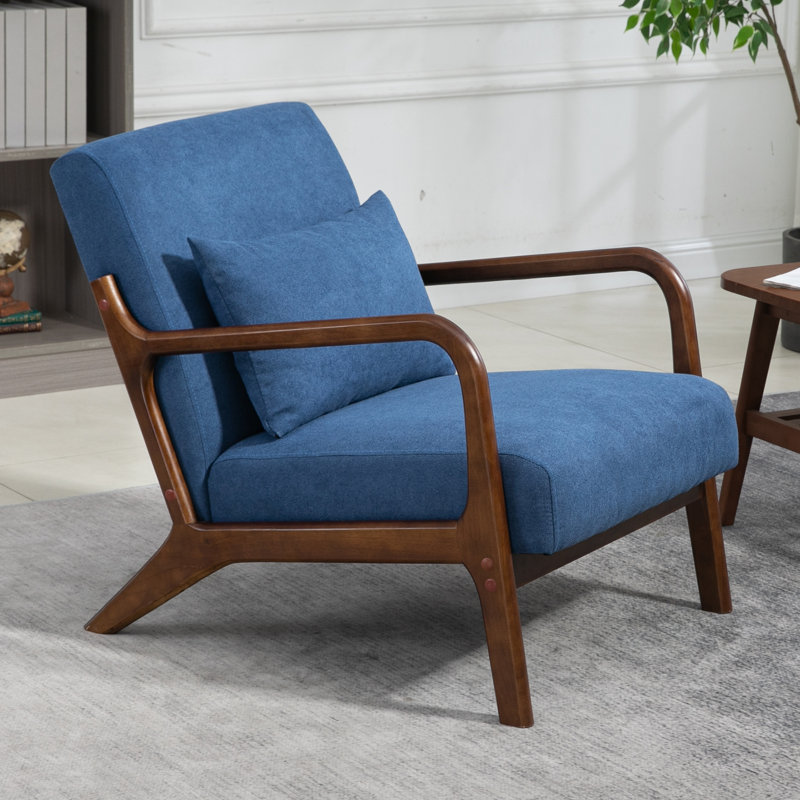25.6'' Wide Mid Century Upholstered Solid Wood Accent Chair with an Extra Pillow, Blue