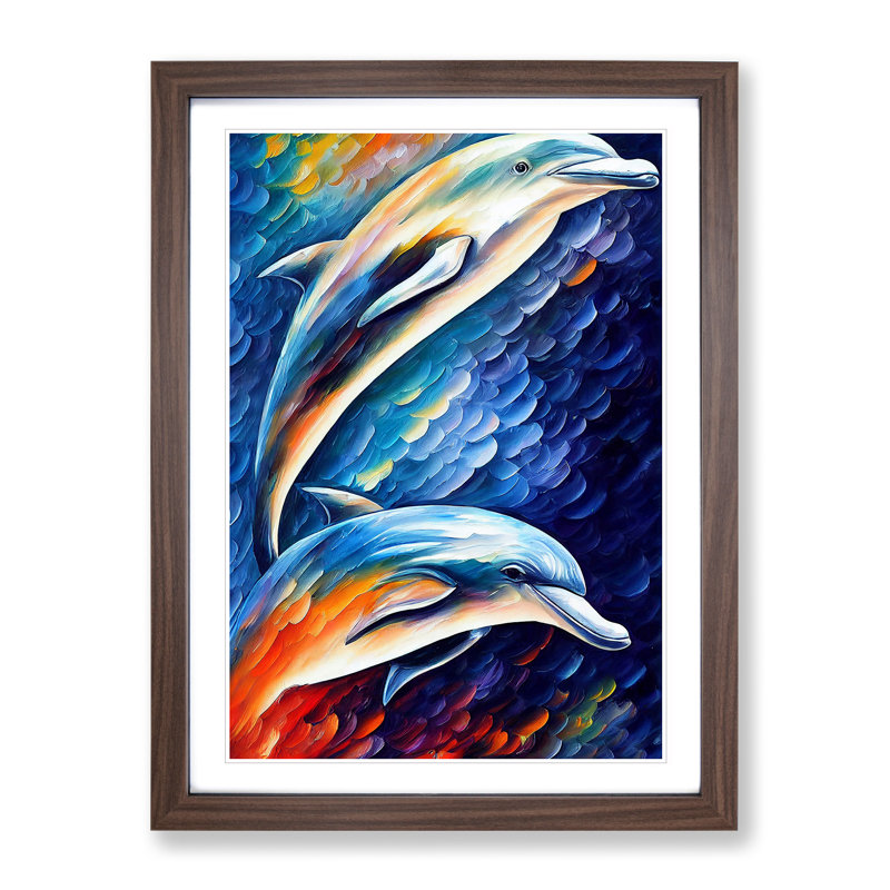 Two Dolphin No.2 - Wall Art, Paper Walnut Framed, 34cm H x 25cm W x 2cm D