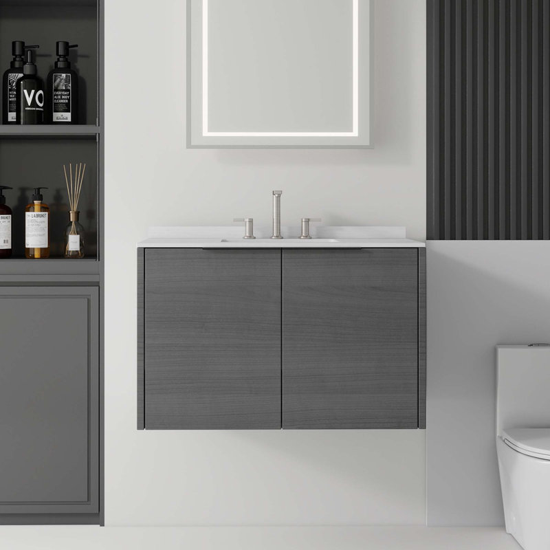 Meuble-lavabo flottant avec comptoir en marbre de culture et portes à fermeture en douceur, Gris