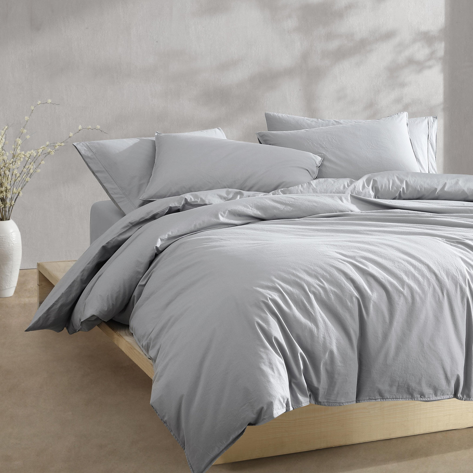 Calvin Klein Washed Percale Solid Cotton Duvet Cover Set, Queen Duvet Cover + 2 Standard Shams, Blue Gray