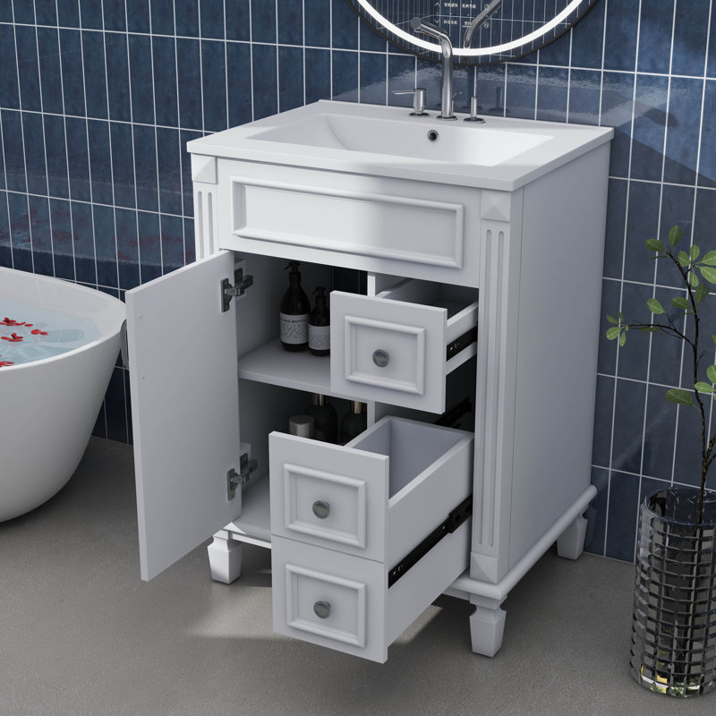 Meuble-lavabo peu encombrant avec lavabo en céramique 2 tiroirs et étagère réglable, Blanc, Argent argent, 24"