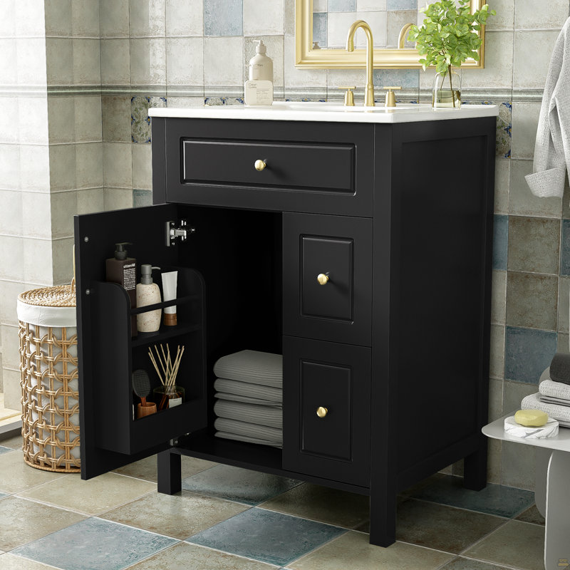 Meuble-lavabo de 24 pouces avec lavabo en céramique, 1 porte à fermeture en douceur, 2 tiroirs à fermeture en douceur et 2 supports de rangement sur la porte
