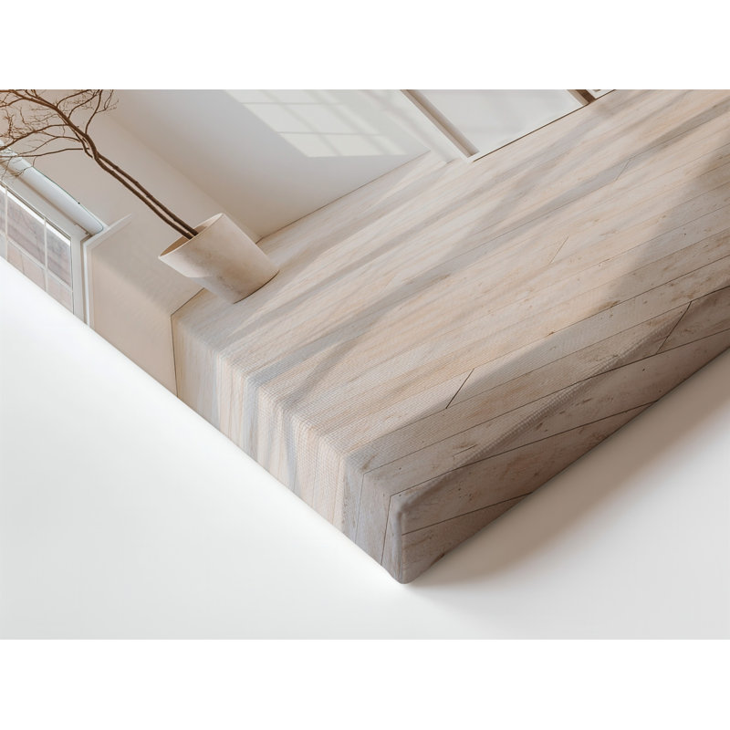 Toile une scène intérieure minimaliste avec une spacieuse pièce ensoleillée avec art mural, plancher en bois clair et murs beige doux, art mural sur toile élancé