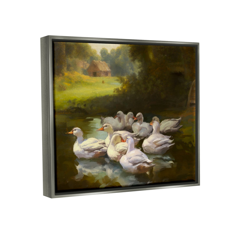«Country Ducks In Pond», impression sur toile par Ziwei Li, H 16 po x l 20 po x P 1,7 po, Cadre flottant gris lustré