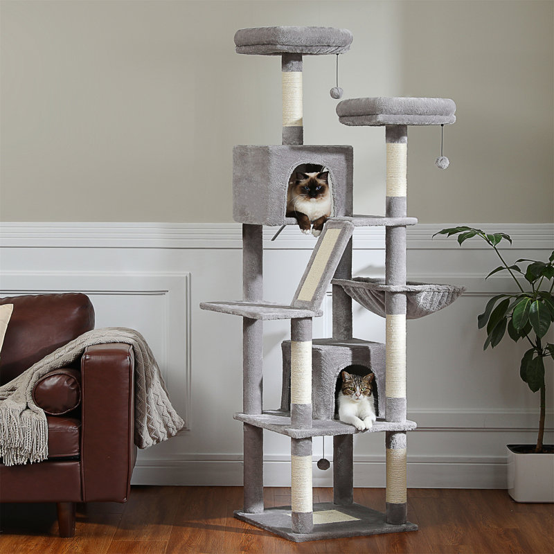 Grand arbre à chat et tour de 72 pouces pour chats d'intérieur - avec poteaux à griffes recouverts de sisal, perchoirs rembourrés, condos et panier