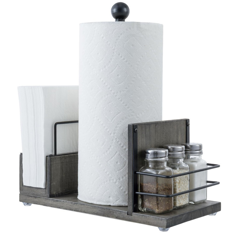 Ensemble de porte-serviettes en papier rustique et porte-serviettes de table - Plateau de cuisine en bois avec support à épices (style industriel noir mat)